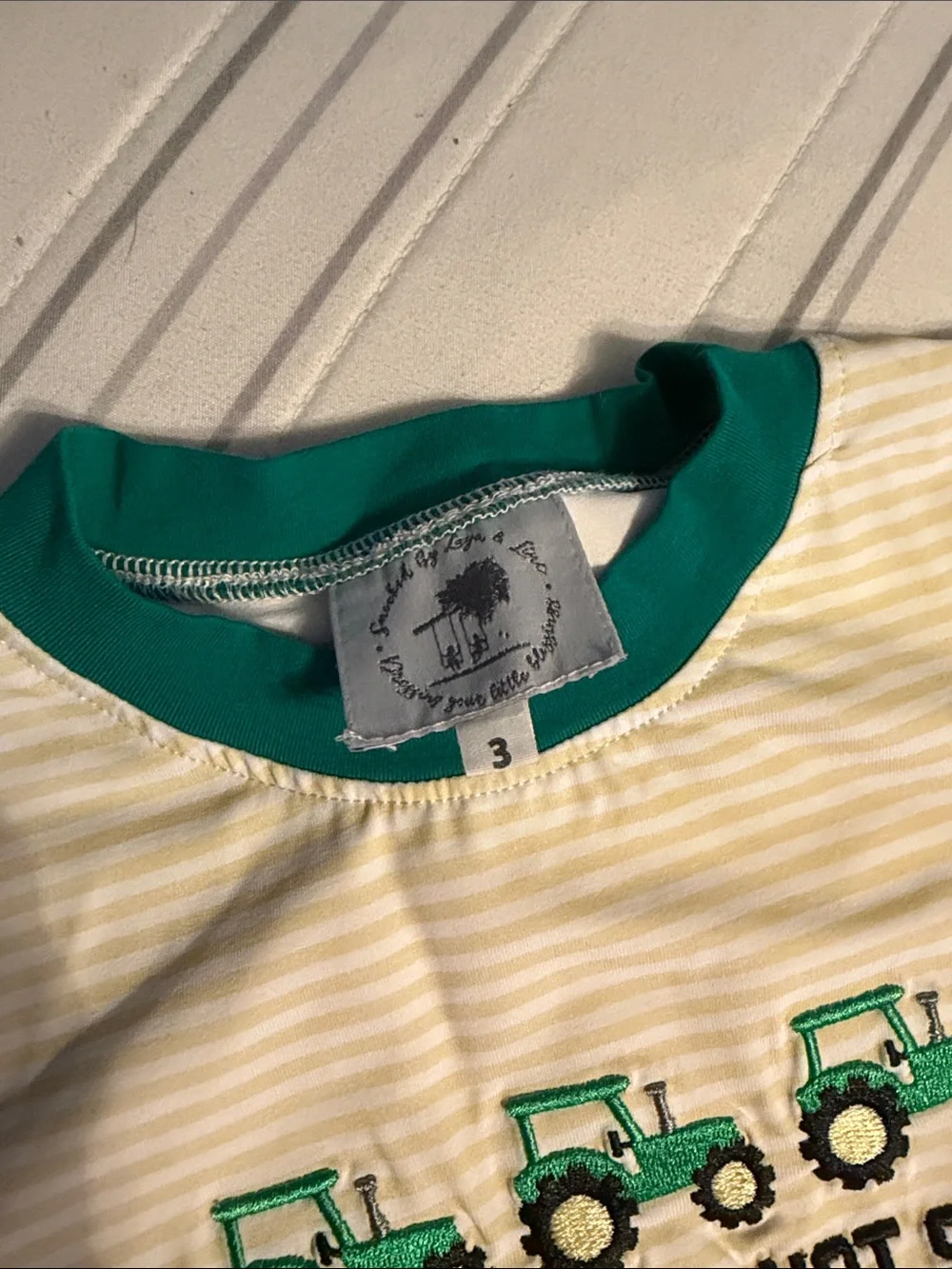 Kids Yellow Stripe Pajama Set with Green Trim - Tractor Graphic